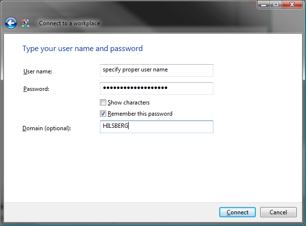 User name, password, domain window